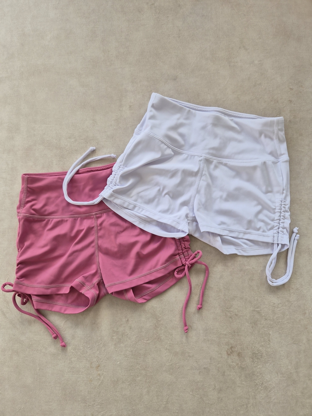 Set of 2 High-Waisted Cinch Side Drawstring Athletic Shorts (XS) - Pink & White